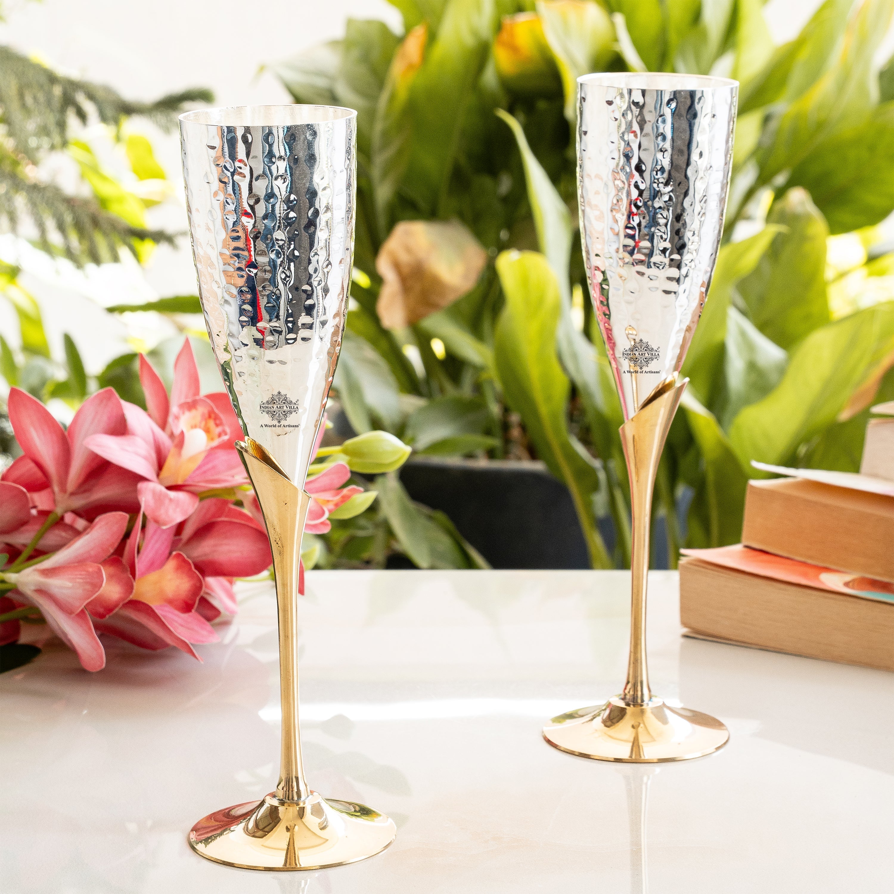Set of 2 Silver Plated & Brass Champagne Hammered Wine Glass With Red Box