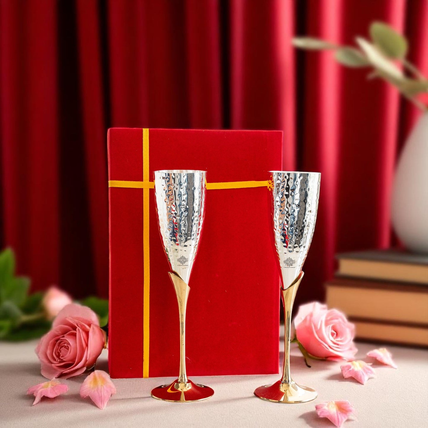 Set of 2 Silver Plated & Brass Champagne Hammered Wine Glass With Red Box