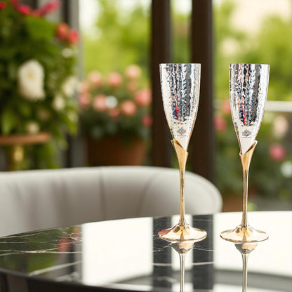 Set of 2 Silver Plated & Brass Champagne Hammered Wine Glass With Red Box