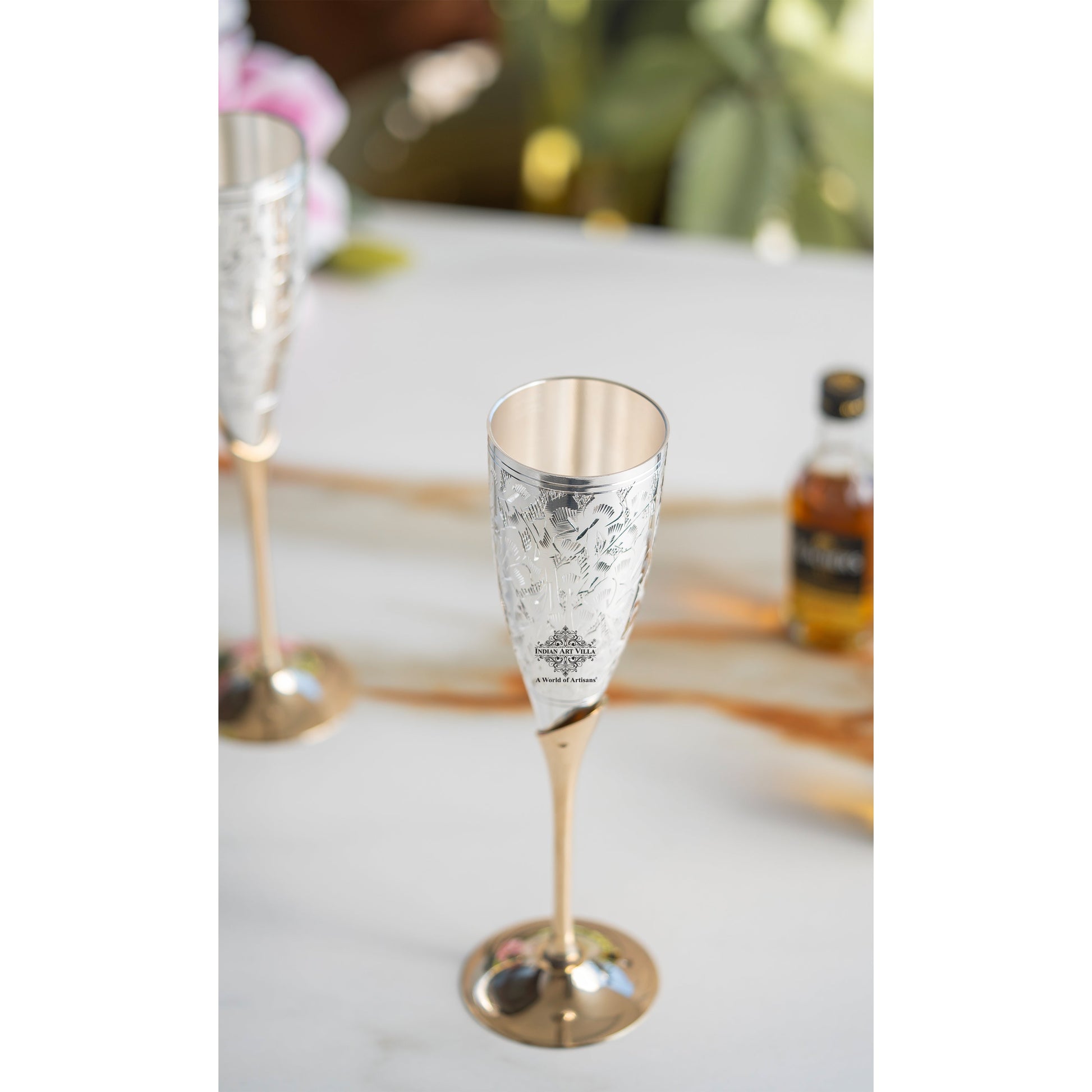 Set of 2 Silver Plated & Brass Champagne Wine Glass With Box