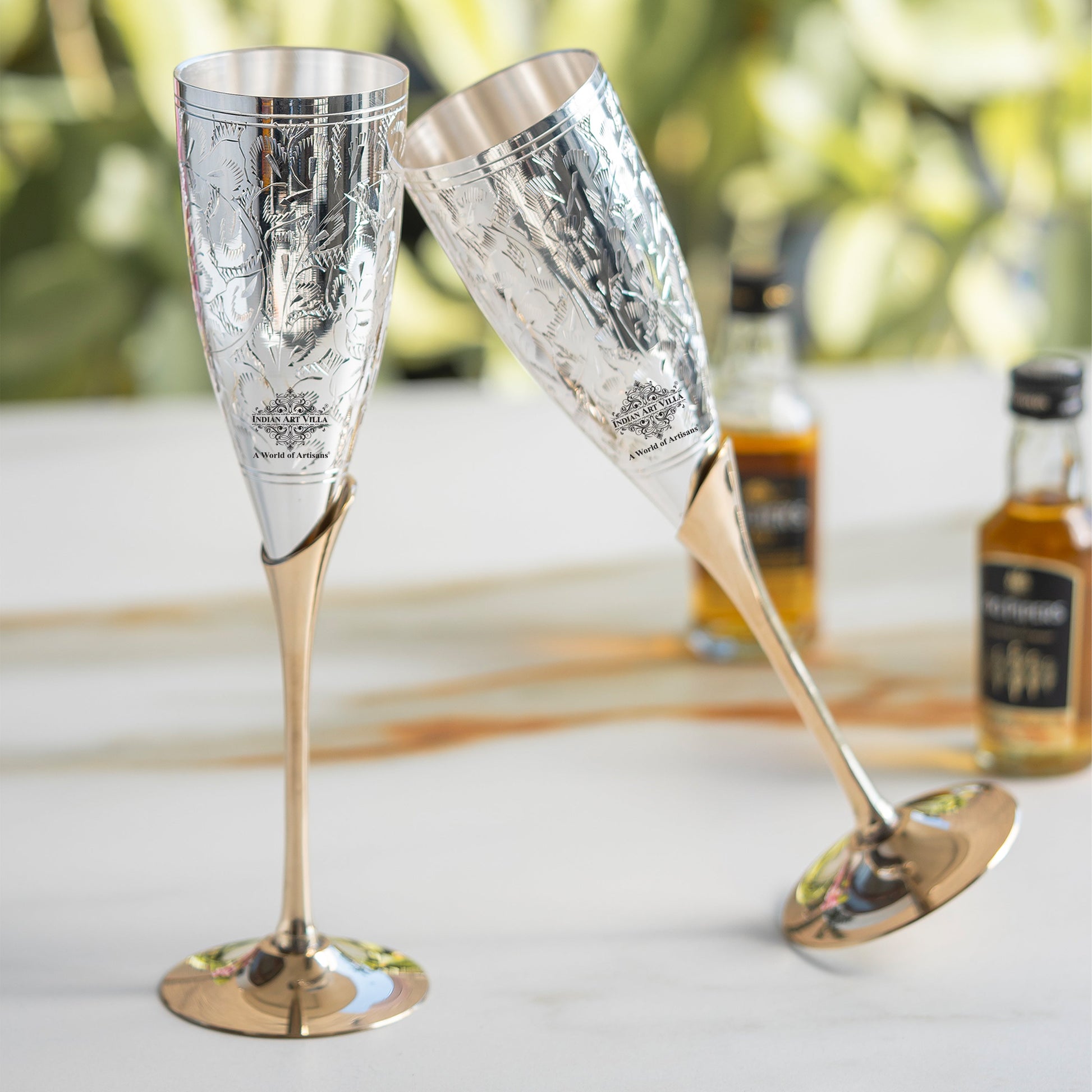 Set of 2 Silver Plated & Brass Champagne Wine Glass With Box