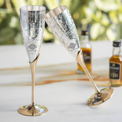 Set of 2 Silver Plated & Brass Champagne Wine Glass With Box