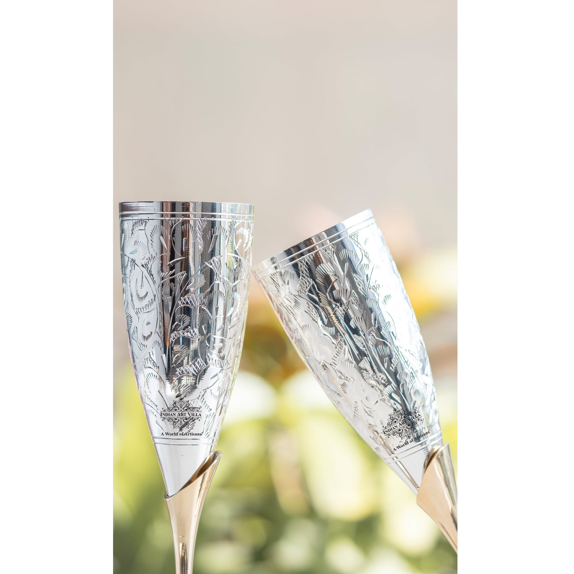 Set of 2 Silver Plated & Brass Champagne Wine Glass With Box