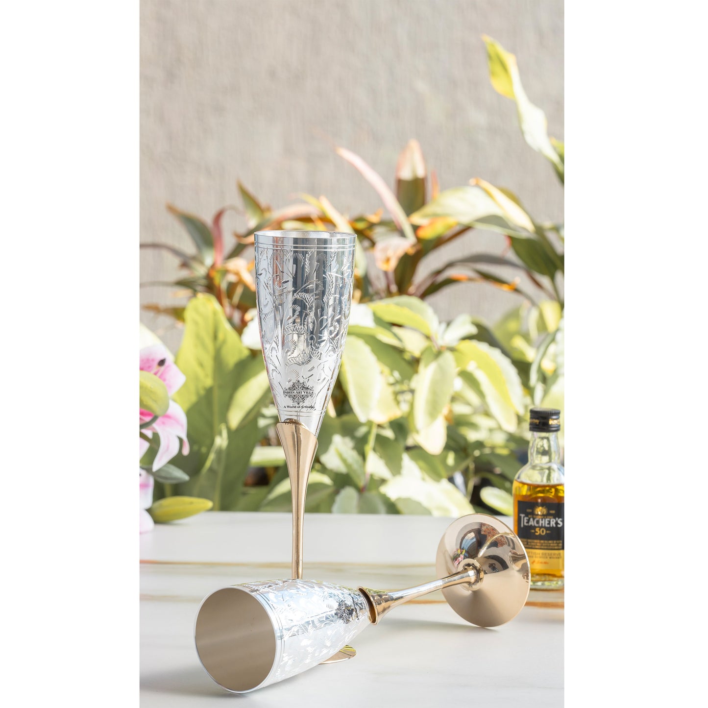 Set of 2 Silver Plated & Brass Champagne Wine Glass With Box