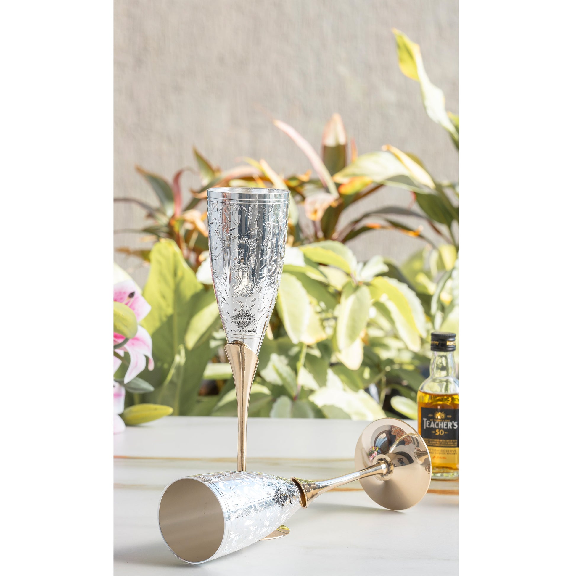 Set of 2 Silver Plated & Brass Champagne Wine Glass With Box