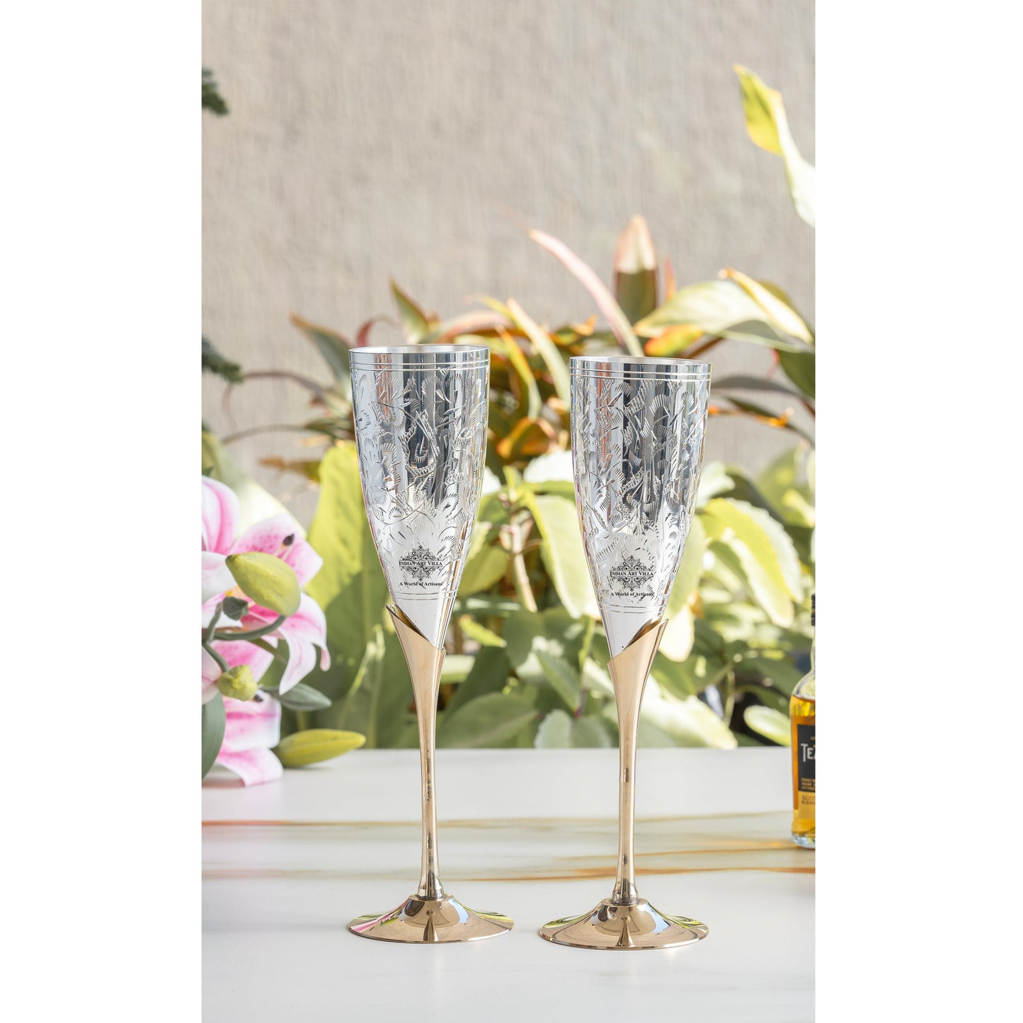 Set of 2 Silver Plated & Brass Champagne Wine Glass With Box