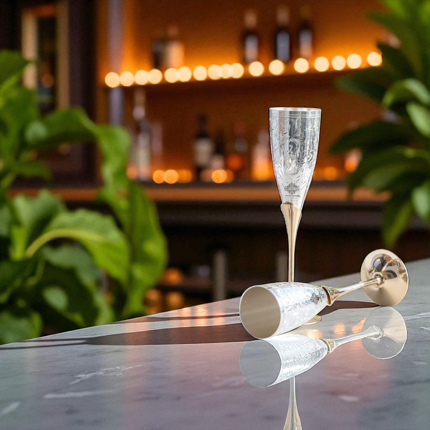 Set of 2 Silver Plated & Brass Champagne Wine Glass With Box