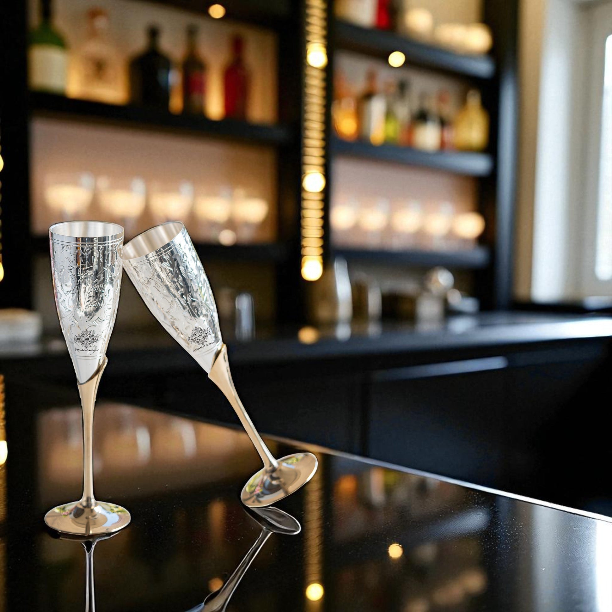 Set of 2 Silver Plated & Brass Champagne Wine Glass With Box