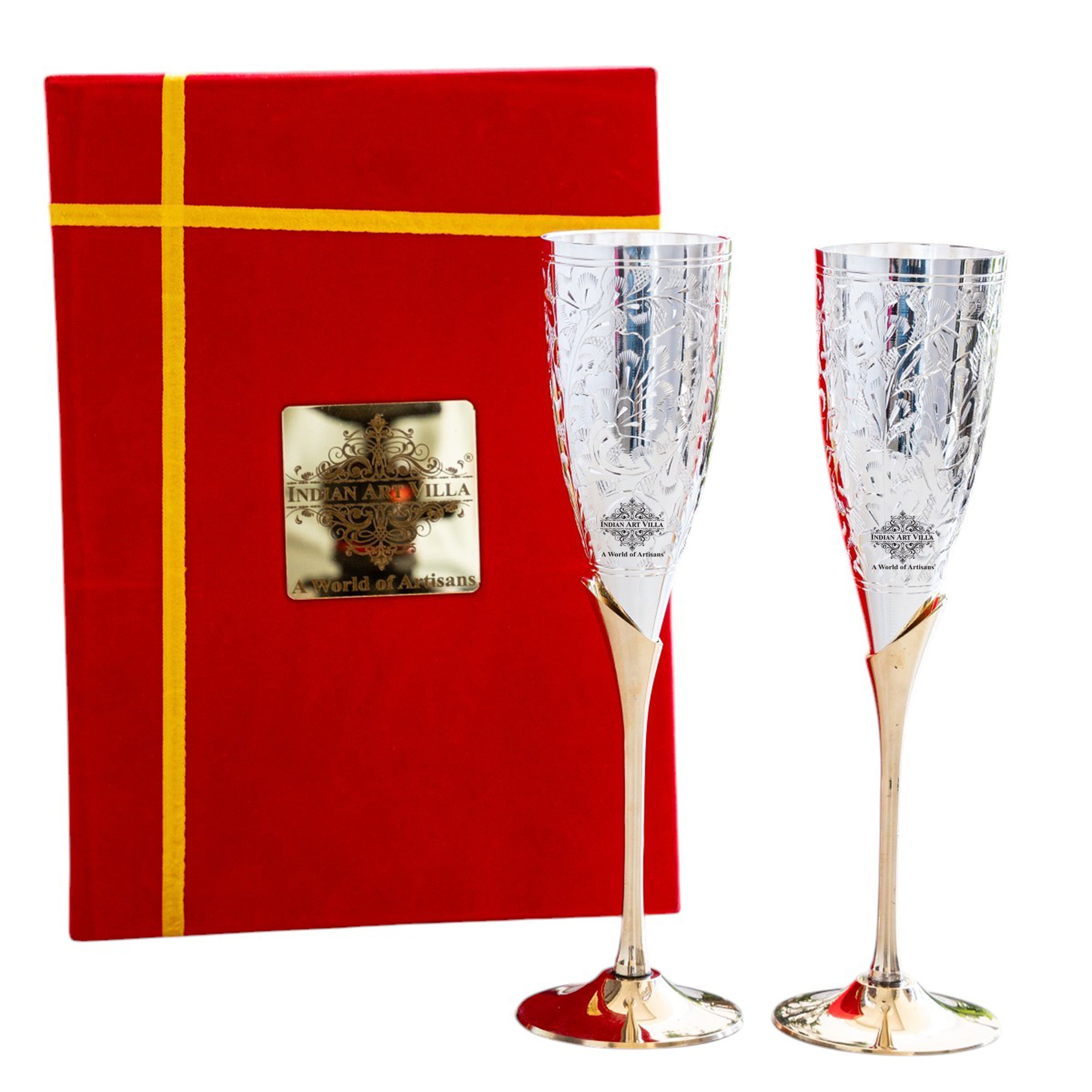 Set of 2 Silver Plated & Brass Champagne Wine Glass With Box