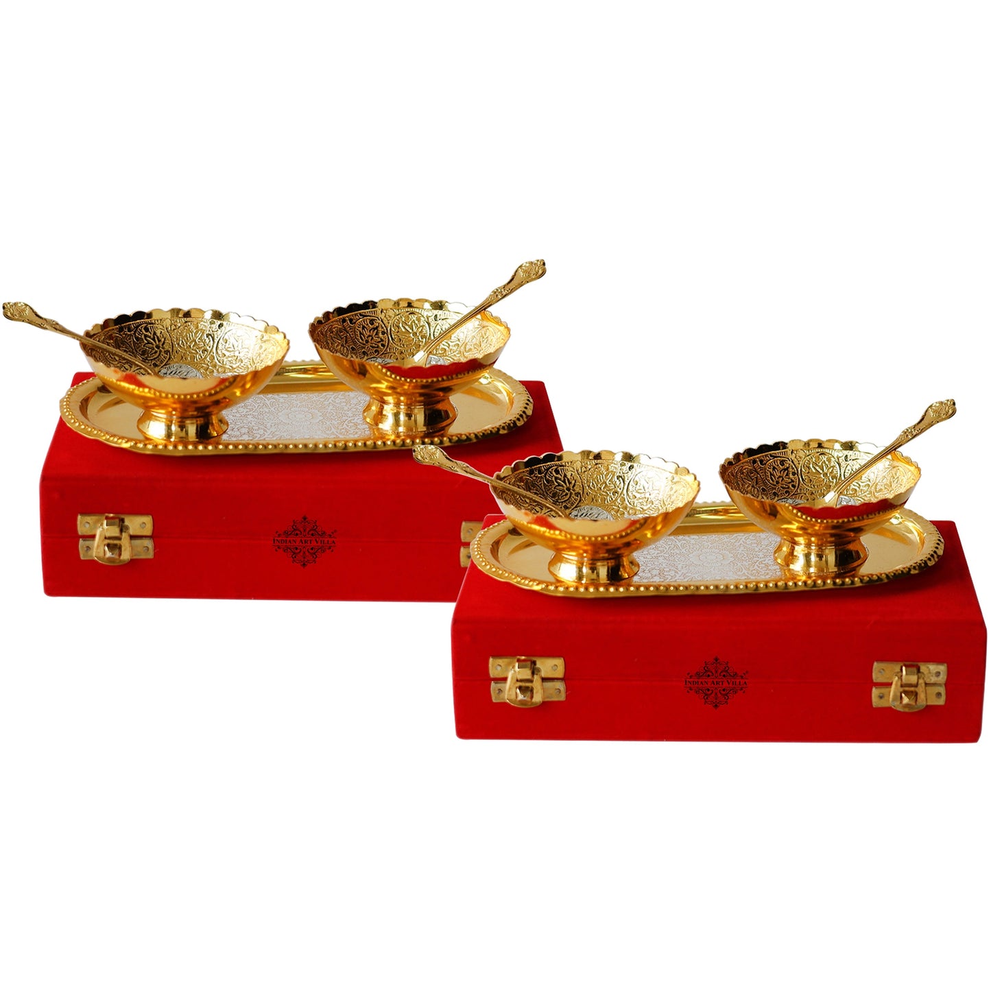 Pure Brass With Silver Plating & Gold Polished 2 Bowl, 2 Spoon & 1 Tray Set With Red Velvet Gift Box