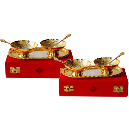 Pure Brass With Silver Plating & Gold Polished 2 Bowl, 2 Spoon & 1 Tray Set With Red Velvet Gift Box