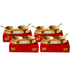 Pure Brass With Silver Plating & Gold Polished 2 Bowl, 2 Spoon & 1 Tray Set With Red Velvet Gift Box