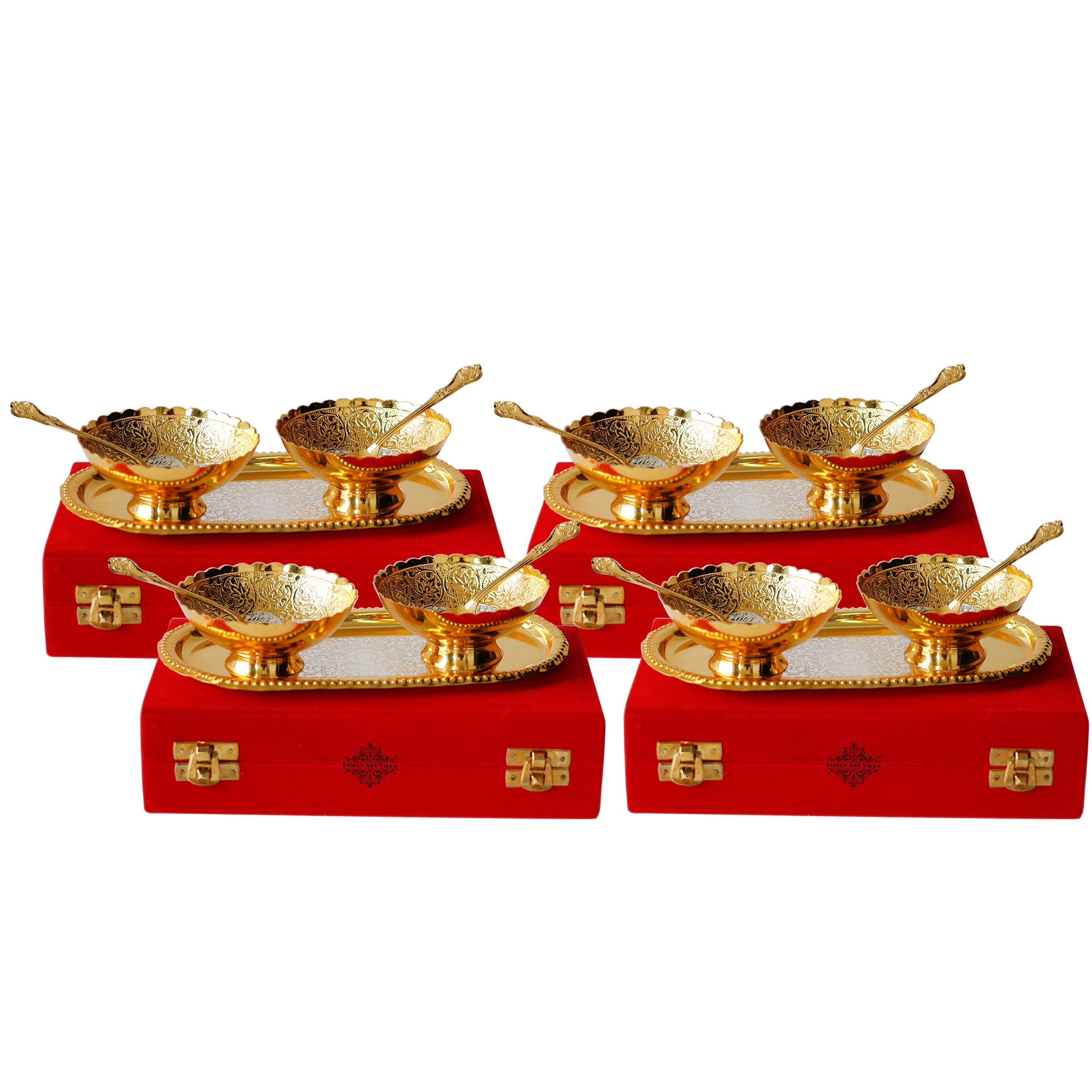 Pure Brass With Silver Plating & Gold Polished 2 Bowl, 2 Spoon & 1 Tray Set With Red Velvet Gift Box