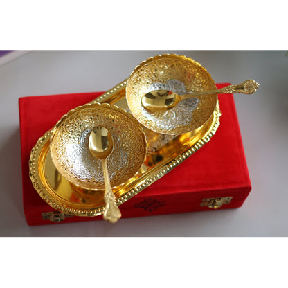 Pure Brass With Silver Plating & Gold Polished 2 Bowl, 2 Spoon & 1 Tray Set With Red Velvet Gift Box