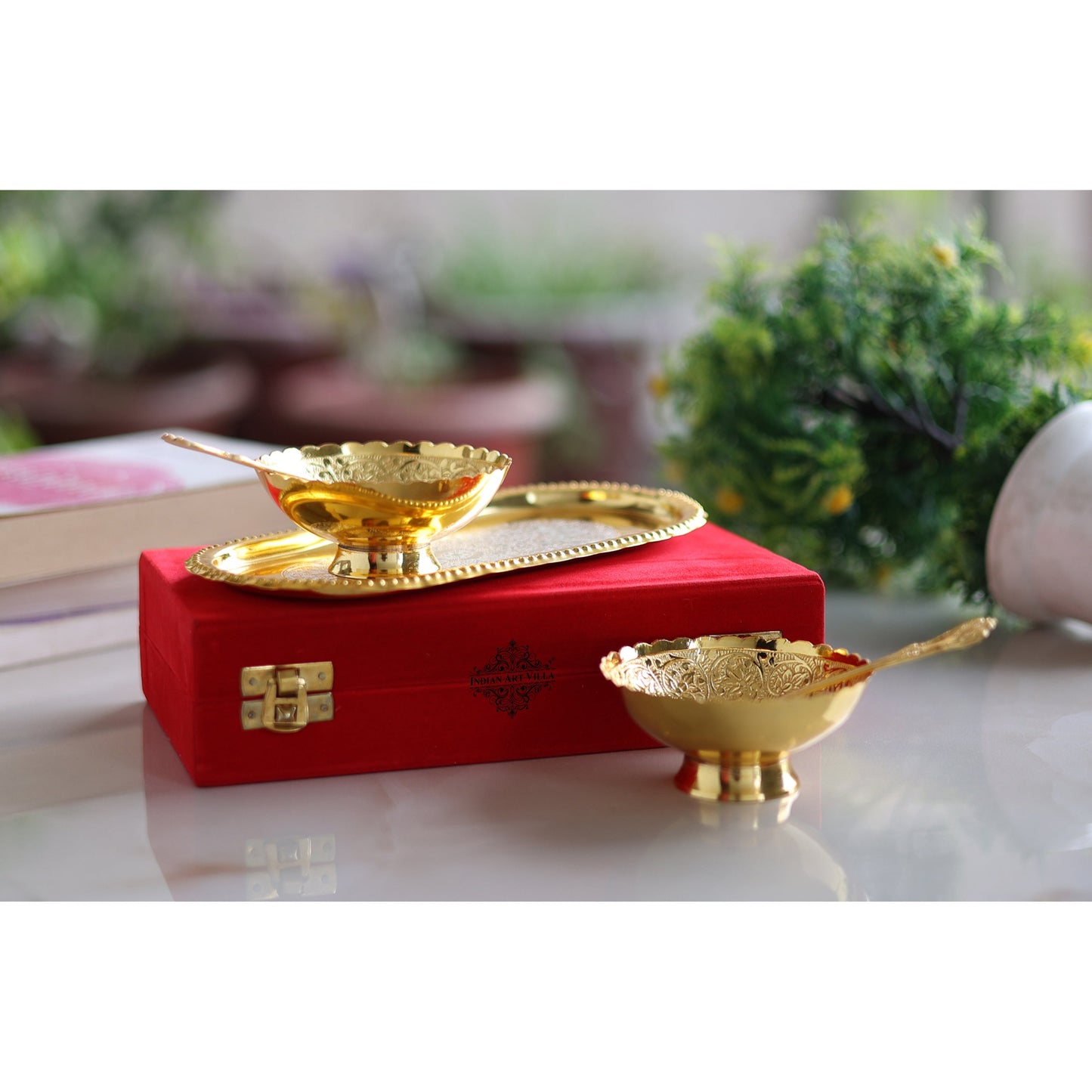 Pure Brass With Silver Plating & Gold Polished 2 Bowl, 2 Spoon & 1 Tray Set With Red Velvet Gift Box