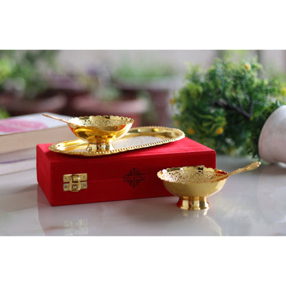 Pure Brass With Silver Plating & Gold Polished 2 Bowl, 2 Spoon & 1 Tray Set With Red Velvet Gift Box