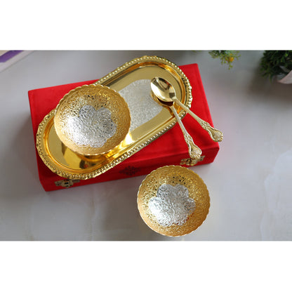 Pure Brass With Silver Plating & Gold Polished 2 Bowl, 2 Spoon & 1 Tray Set With Red Velvet Gift Box