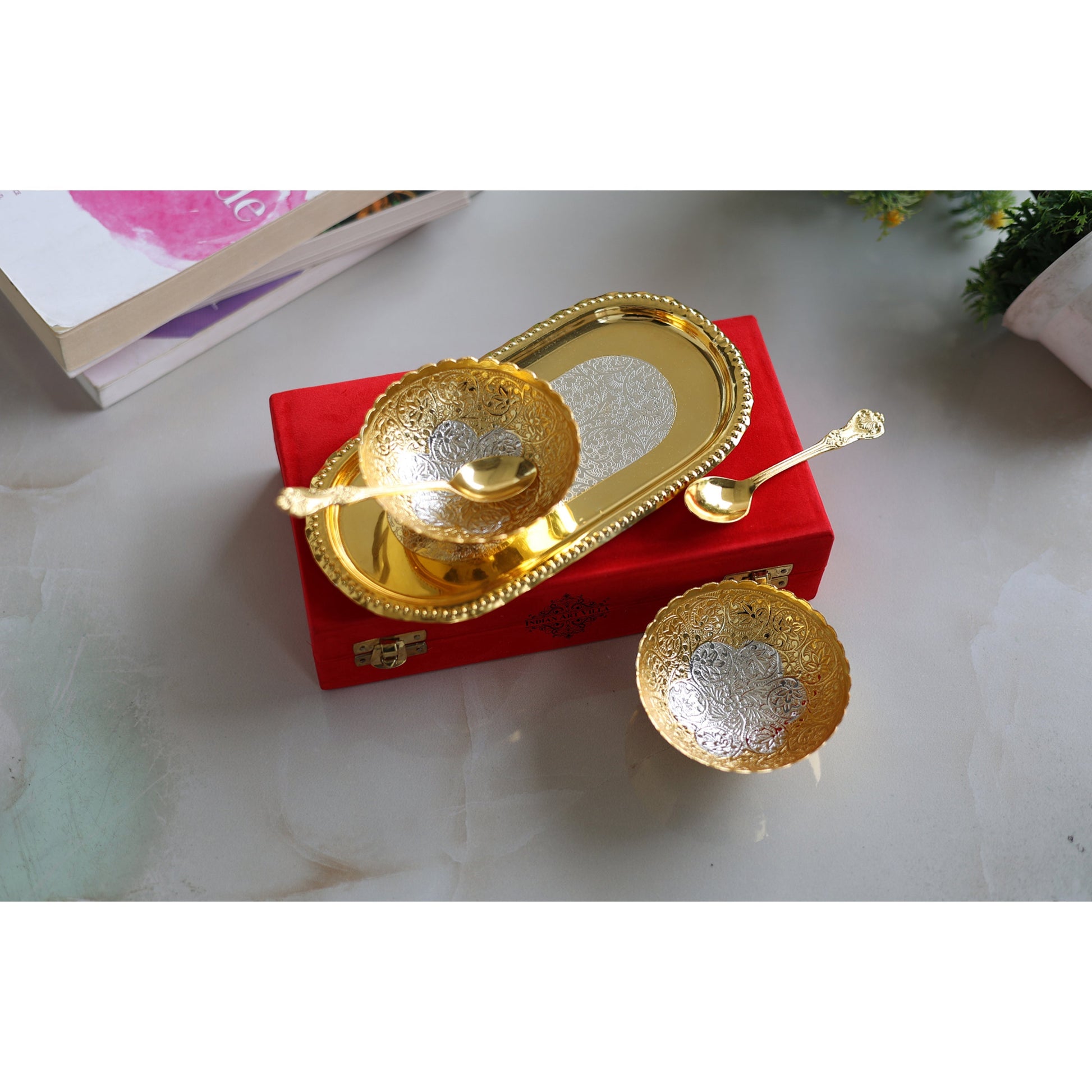 Pure Brass With Silver Plating & Gold Polished 2 Bowl, 2 Spoon & 1 Tray Set With Red Velvet Gift Box