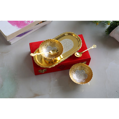 Pure Brass With Silver Plating & Gold Polished 2 Bowl, 2 Spoon & 1 Tray Set With Red Velvet Gift Box