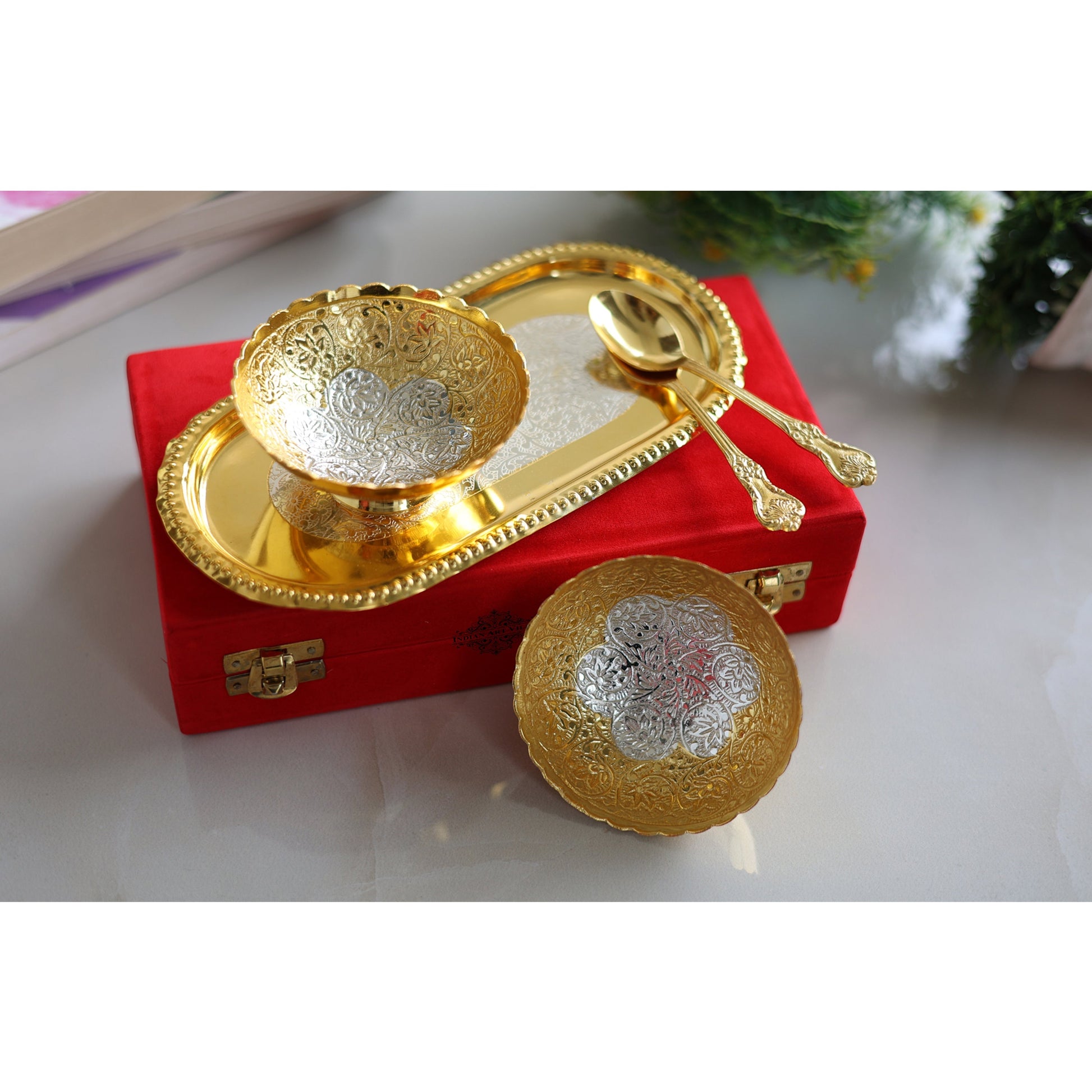 Pure Brass With Silver Plating & Gold Polished 2 Bowl, 2 Spoon & 1 Tray Set With Red Velvet Gift Box