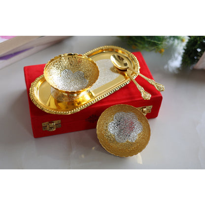 Pure Brass With Silver Plating & Gold Polished 2 Bowl, 2 Spoon & 1 Tray Set With Red Velvet Gift Box