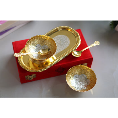 Pure Brass With Silver Plating & Gold Polished 2 Bowl, 2 Spoon & 1 Tray Set With Red Velvet Gift Box