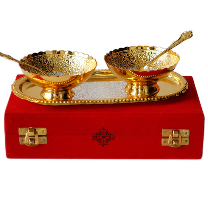 Pure Brass With Silver Plating & Gold Polished 2 Bowl, 2 Spoon & 1 Tray Set With Red Velvet Gift Box