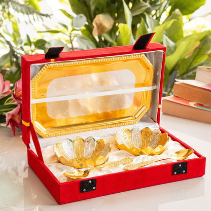 Pure Silver Plated Gold Polished Lotus Design 2 Bowl 2 Spoon 1 Tray Set
