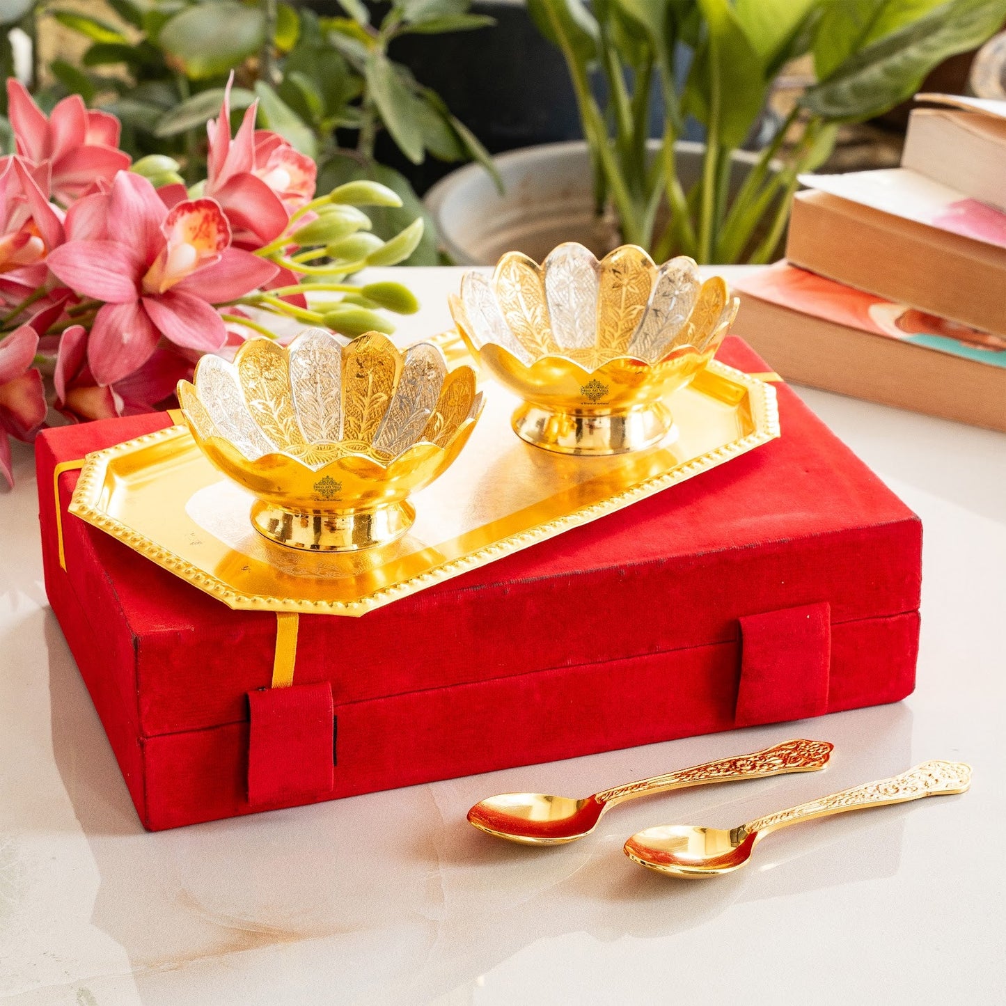 Pure Silver Plated Gold Polished Lotus Design 2 Bowl 2 Spoon 1 Tray Set