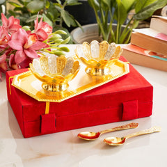 Pure Silver Plated Gold Polished Lotus Design 2 Bowl 2 Spoon 1 Tray Set