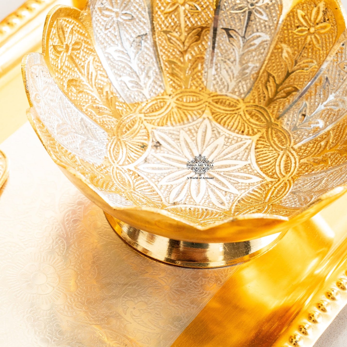 Pure Silver Plated Gold Polished Lotus Design 2 Bowl 2 Spoon 1 Tray Set