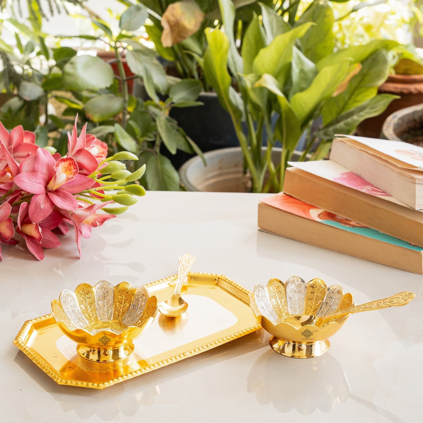 Pure Silver Plated Gold Polished Lotus Design 2 Bowl 2 Spoon 1 Tray Set