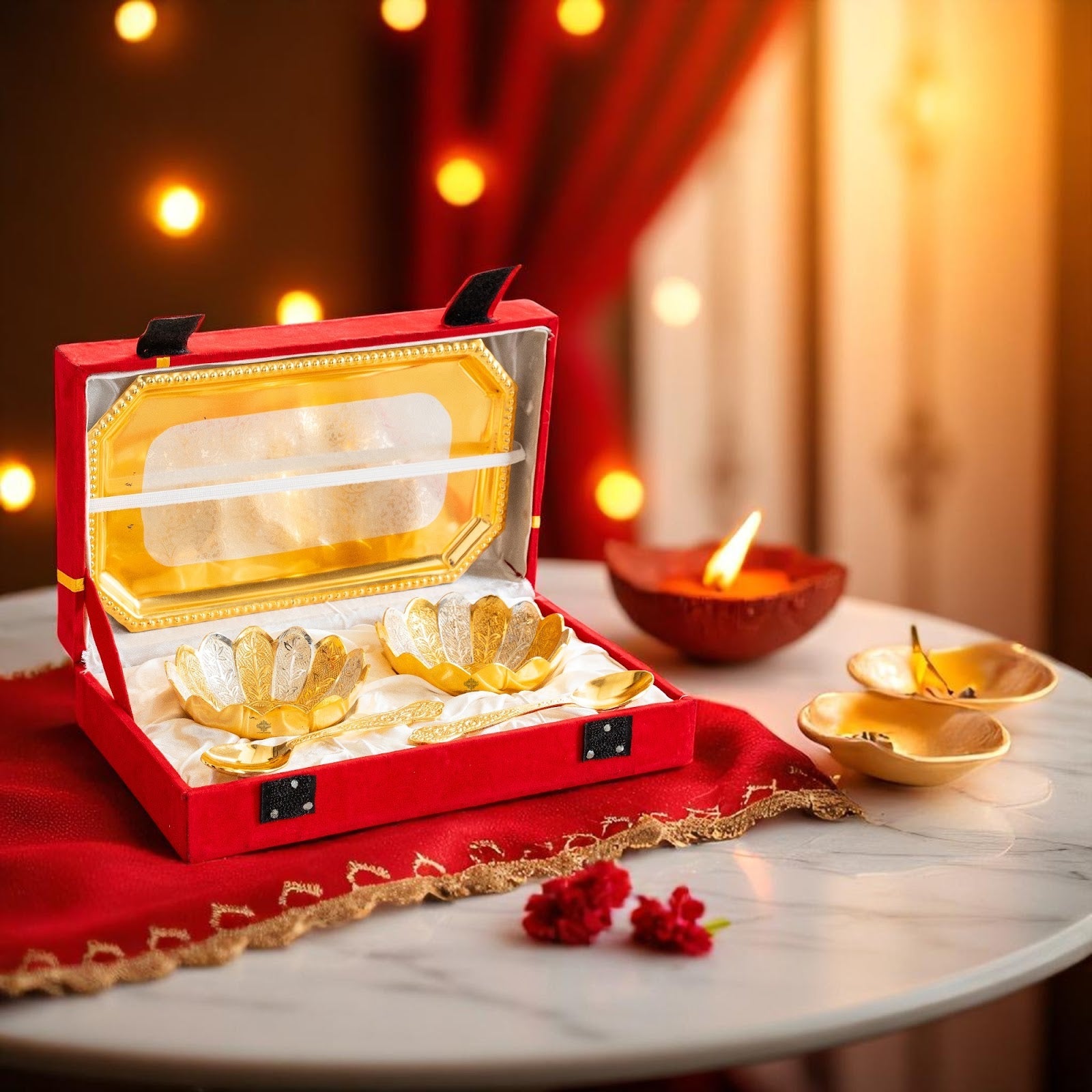 Pure Silver Plated Gold Polished Lotus Design 2 Bowl 2 Spoon 1 Tray Set