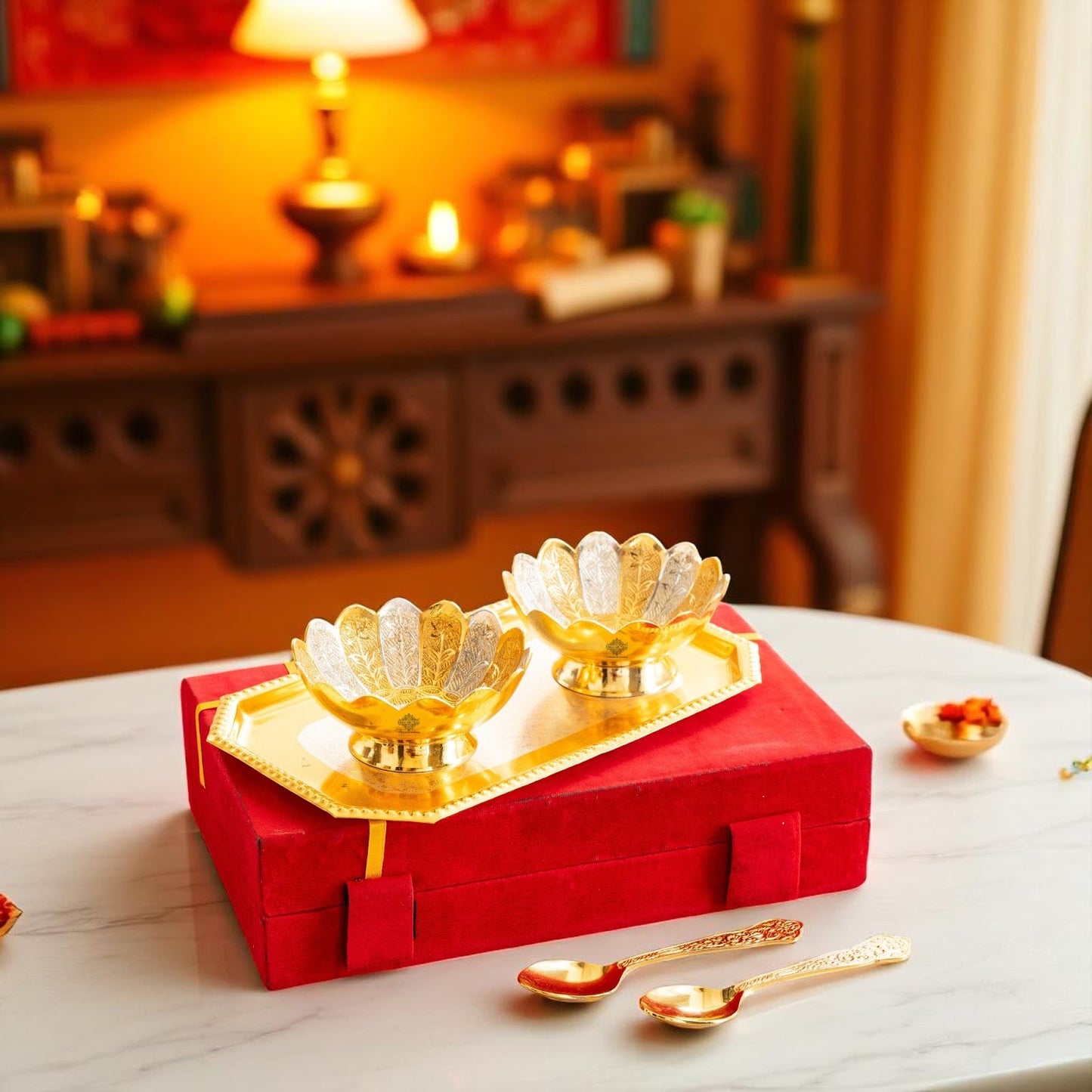 Pure Silver Plated Gold Polished Lotus Design 2 Bowl 2 Spoon 1 Tray Set