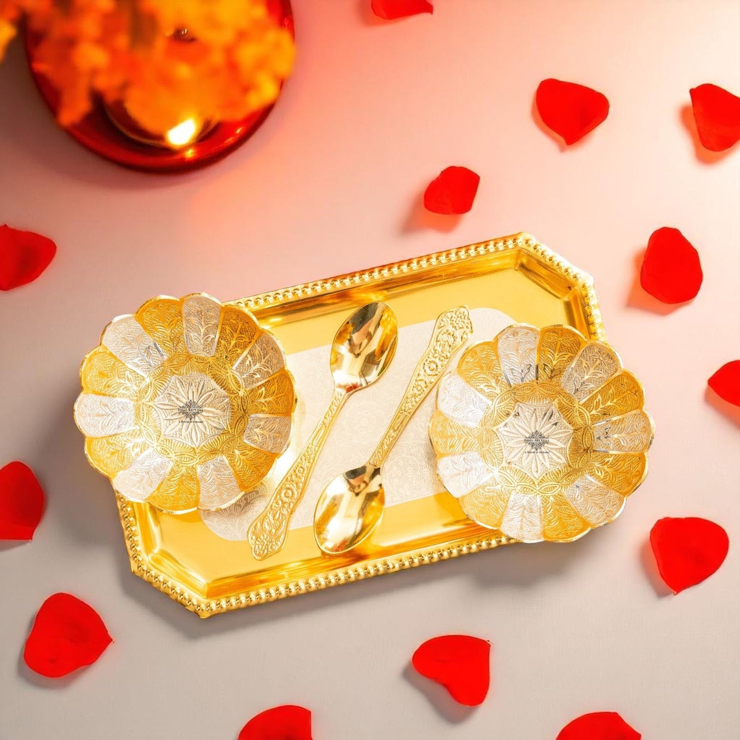 Pure Silver Plated Gold Polished Lotus Design 2 Bowl 2 Spoon 1 Tray Set