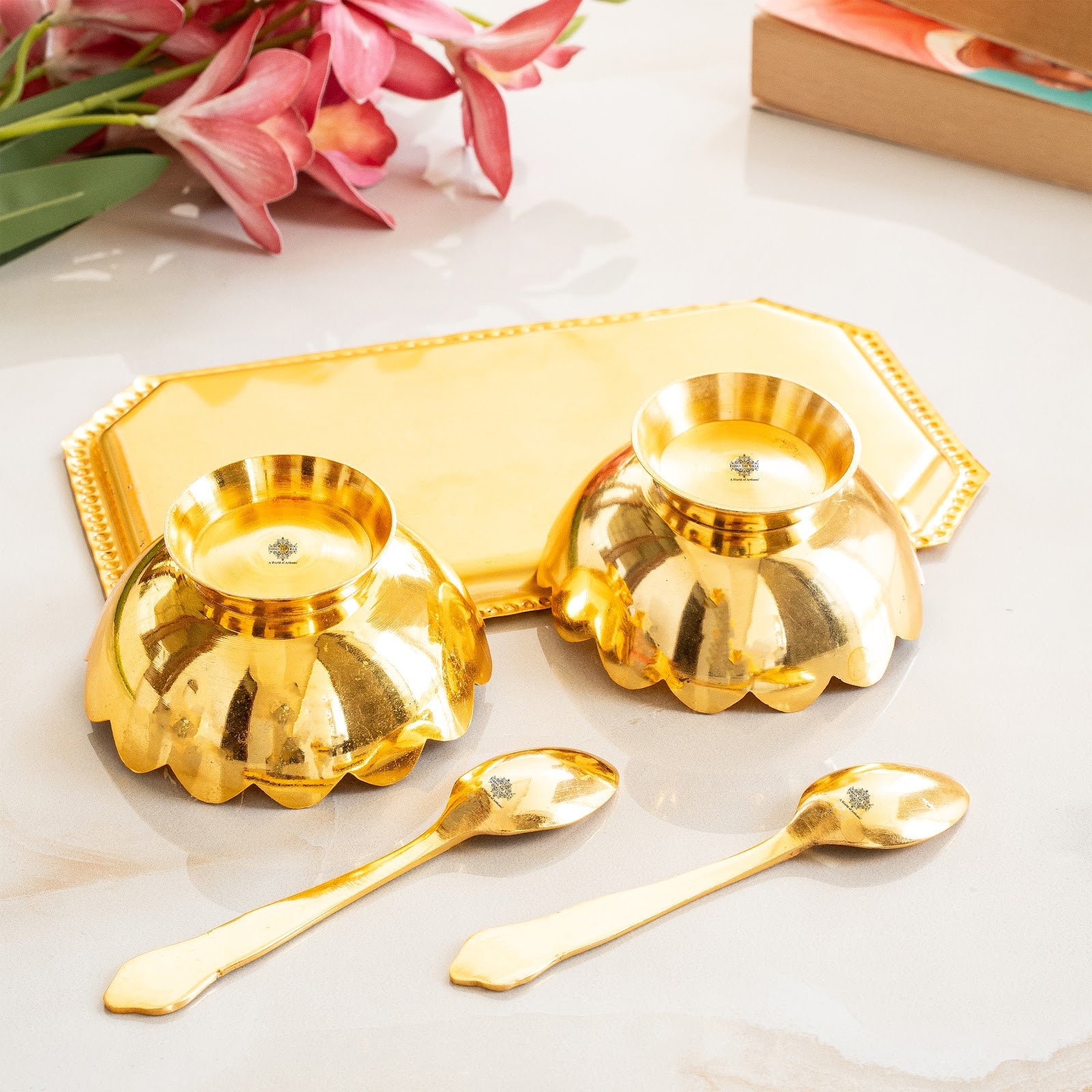 Pure Silver Plated Gold Polished Lotus Design 2 Bowl 2 Spoon 1 Tray Set