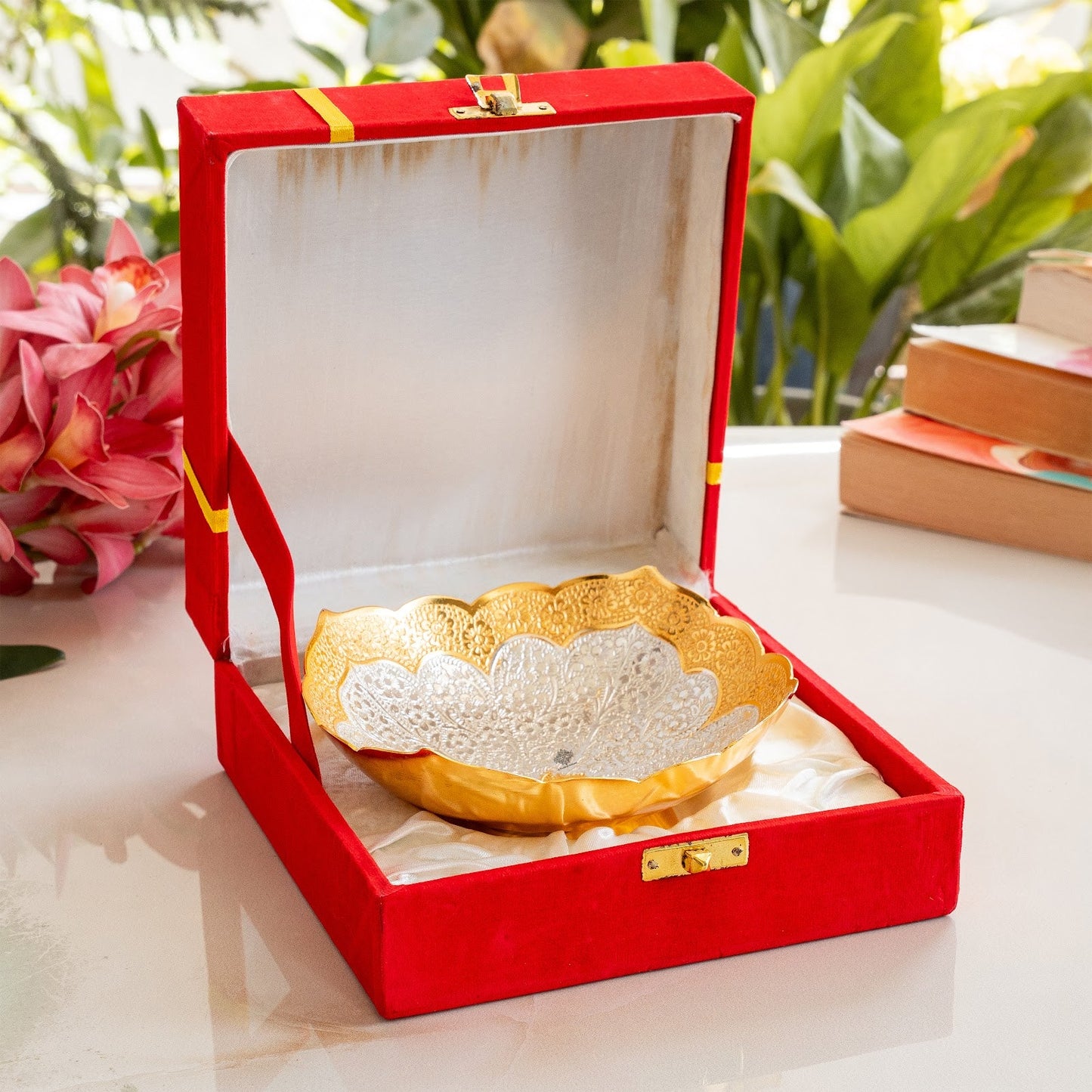 Silver Plated Gold Polished Designer Round Big Bowl