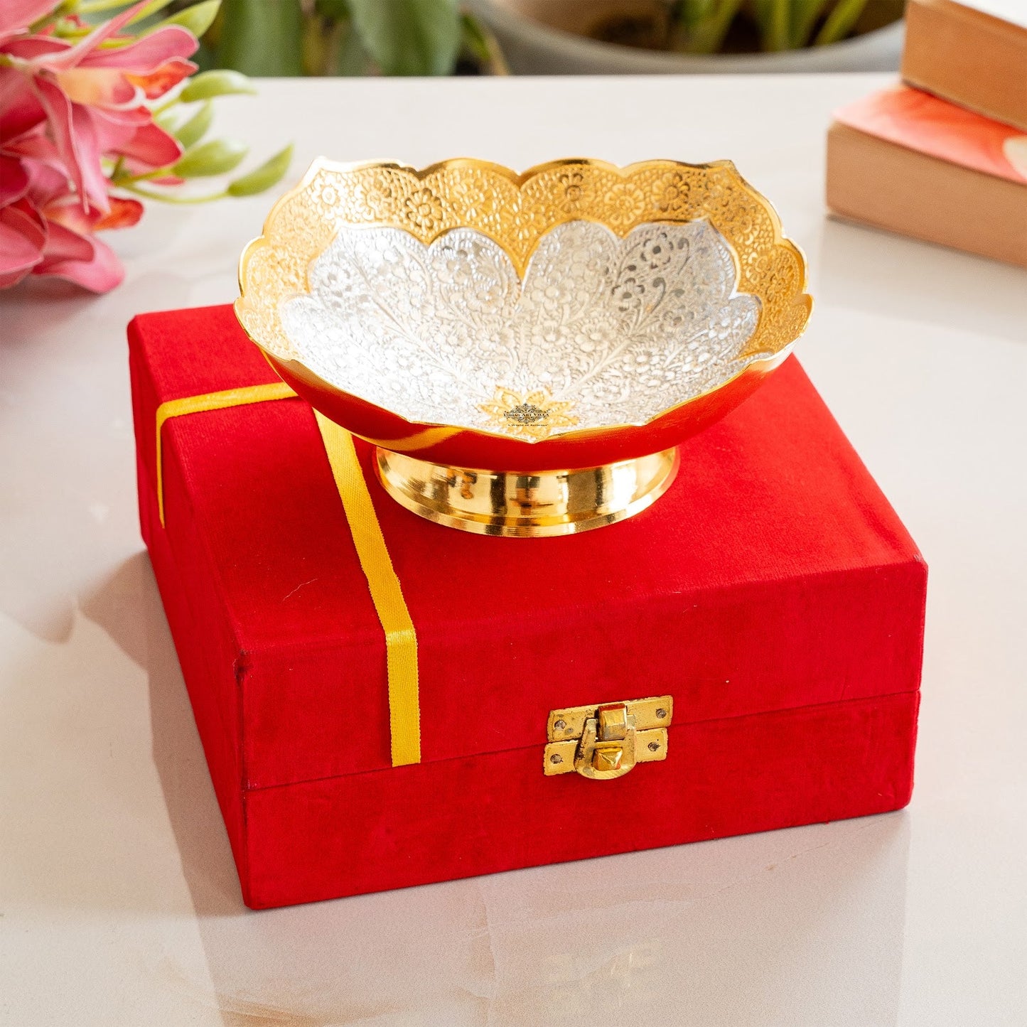 Silver Plated Gold Polished Designer Round Big Bowl