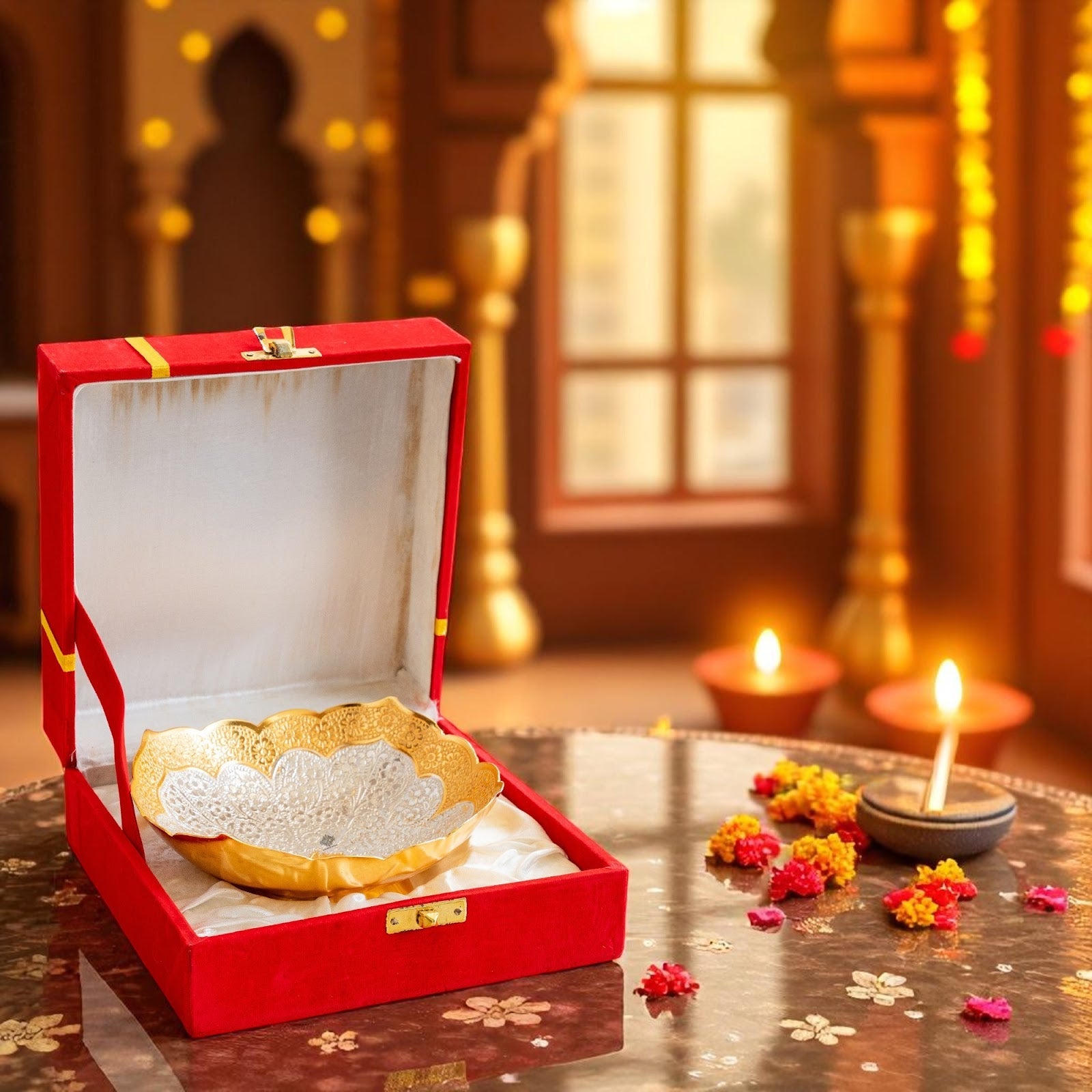 Silver Plated Gold Polished Designer Round Big Bowl