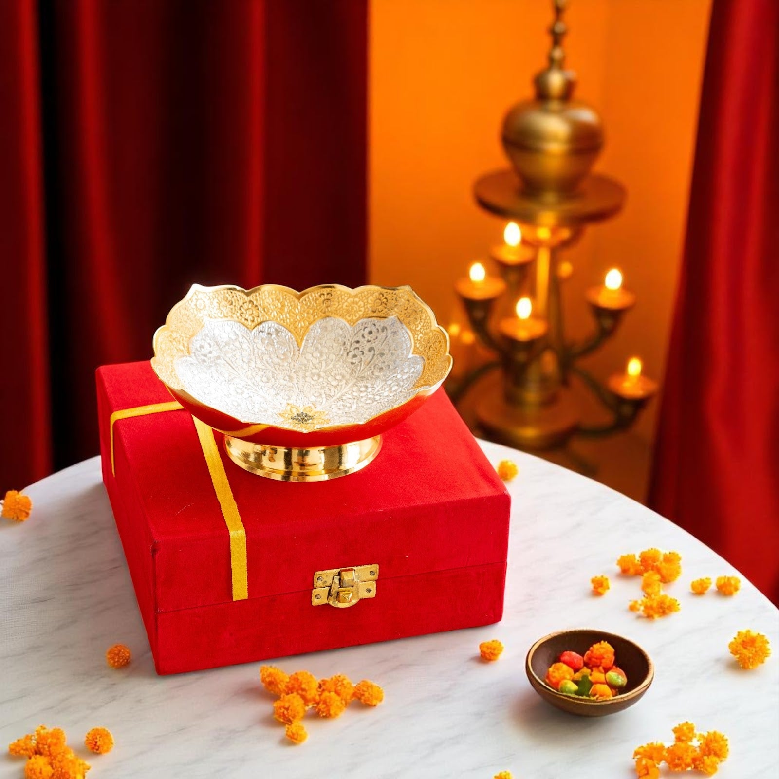 Silver Plated Gold Polished Designer Round Big Bowl