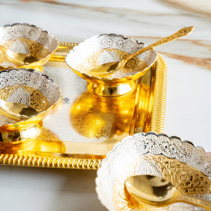 Pure Silver Plated Gold Polished 4 Bowl 4 Spoons 1 Tray