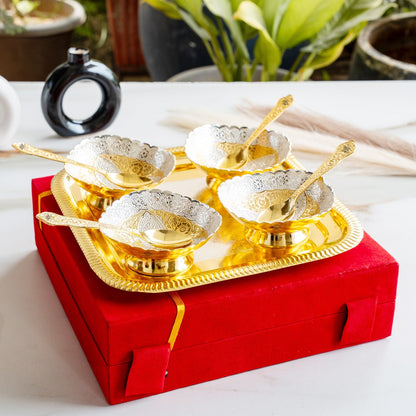 Pure Silver Plated Gold Polished 4 Bowl 4 Spoons 1 Tray