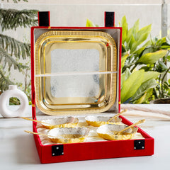 Pure Silver Plated Gold Polished 4 Bowl 4 Spoons 1 Tray