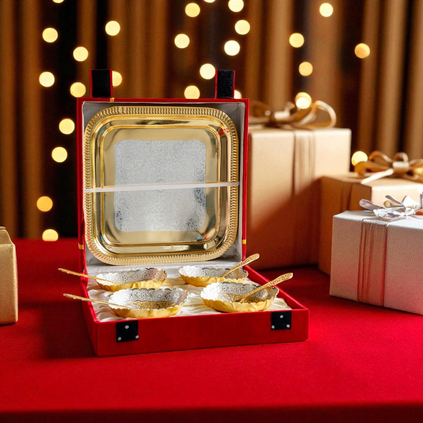 Pure Silver Plated Gold Polished 4 Bowl 4 Spoons 1 Tray