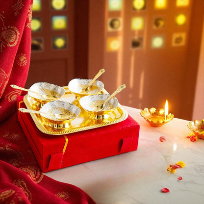 Pure Silver Plated Gold Polished 4 Bowl 4 Spoons 1 Tray