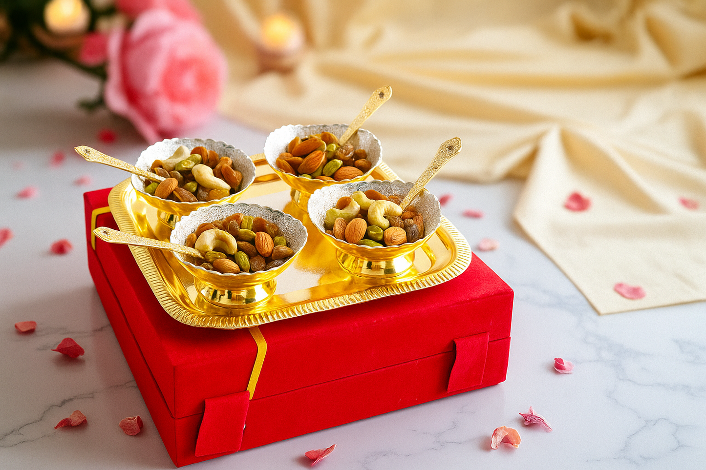 Pure Silver Plated Gold Polished 4 Bowl 4 Spoons 1 Tray