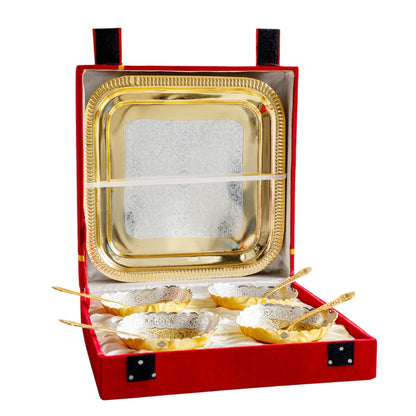 Pure Silver Plated Gold Polished 4 Bowl 4 Spoons 1 Tray