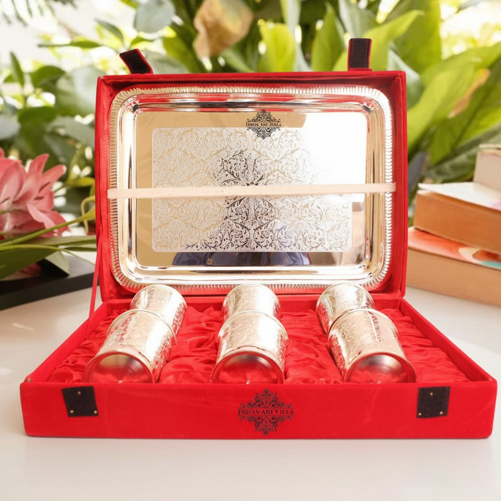 Silver Plated Designer 6 Glass with 1 Tray with Box