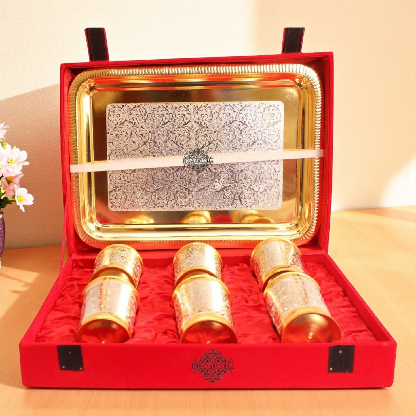 Handcrafted Pure Silver Plated Gold Polished 6 Glass with 1 Tray