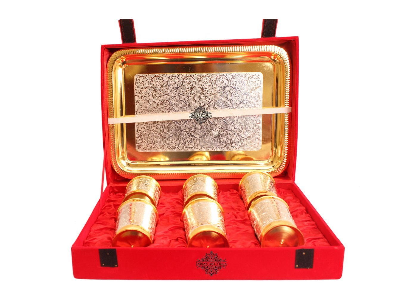 Handcrafted Pure Silver Plated Gold Polished 6 Glass with 1 Tray